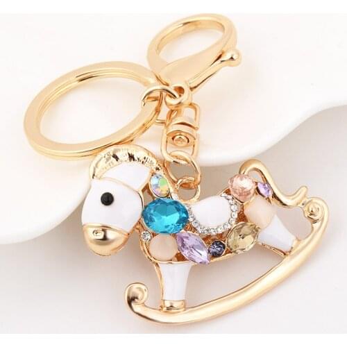 Cute Enamel-Rhinestone-Crystal Lucky Horse Key Chain Keychains Rings Animal Jewelry Women Girls Bag Party Car Holder Gifts