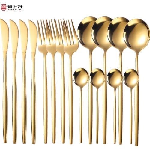 16Pcs/set Gold Cutlery Set Stainless Steel Knife Spoon Fork Spoons Teaspoons Kitchen Utensils Sets Western Christmas Tableware