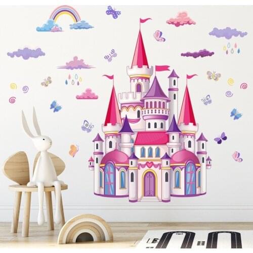 Pink Castle Wall Stickers Girl Bedroom Wall Decoration Nursery Kids Mural Chilrdern Room Decor Rainbow Art Wallpaper