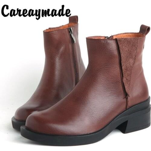 Careaymade-New fall /winter Vintage Real Leather comfort thick heel side zipper high heeled Martin boots medium heel short boots