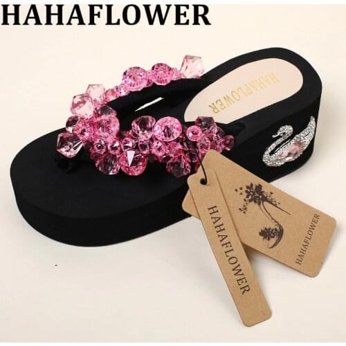 HAHAFLOWER New High Heels girl Beach Slippers Summer Rhinestone Diamond Swan platforms wedges Muffin Sandals Flip Flops