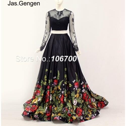 New Two Pieces Lace Evening Dress Crystal Stone Beading Long Sleeve Big Bottom Flower Print Gown 907