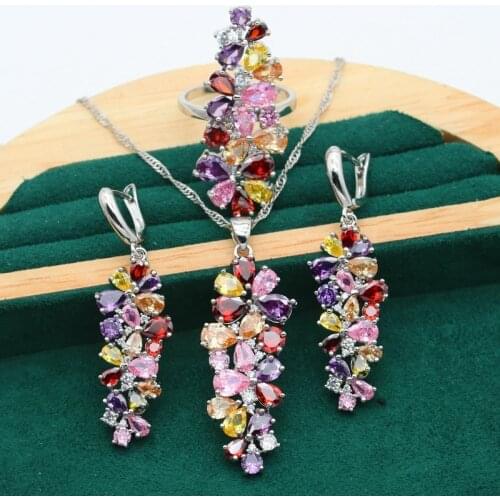 New Multicolour Topaz 925 Silver Jewelry Set For Women 5 Colors Available Earrings Necklace Pendant Ring Birthday Gift 4PCS