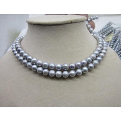 CHARMING 2 ROW GRAY SOUTH SEA AAA 8-9MM NATURAL PEARL NECKLACE 18INCH 925silver GOLD