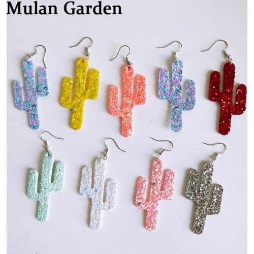 M&G Fashion 23 Colors PU Leather Alloy Earrings Glitter Cactus Shape Sequins Pendant Earring Trendy Accessories Christmas Gift