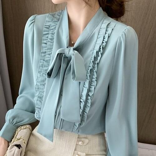 Long Sleeve Ruffles Chiffon Blouse Shirt Women Tops Blouse Women Blusas Mujer De Moda 2021 Bow Collar Blouse Women Blouses E349