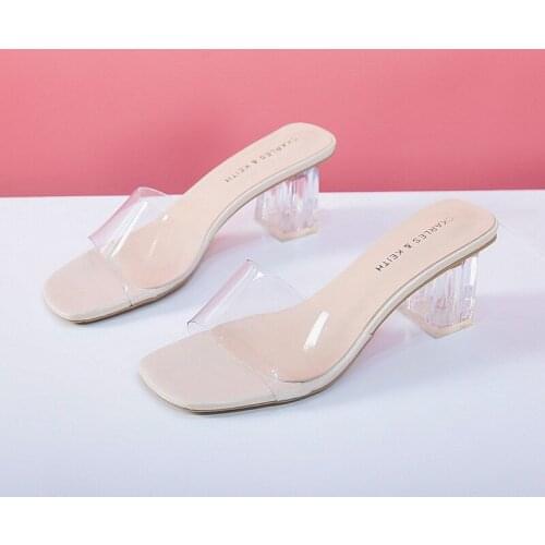 Female Slippers Crystal Clear Transparent Middle Heels Summer Women Shoes Fashion Cool Slides