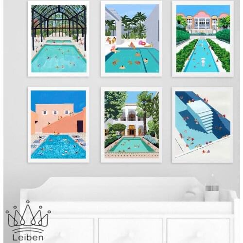 Nordic Abstract Swimming Pool Canvas Painting Cartoon Wall Art Posters and Prints Holiday Oasis Party Picture Bedroom Decoration