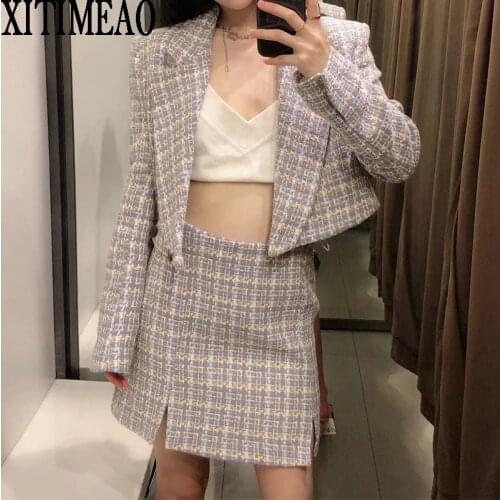 ZA Women 2021 Fashion Tweed High Waist Short Suit Coat Vintage Female Outerwear Bag Hip Skirt 2-piece Set XITIMEAO