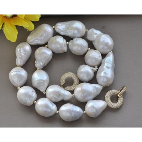 Z10618 Natutal 19" 35mm Drop Baroque White Reborn Keshi Pearl Necklace CZ