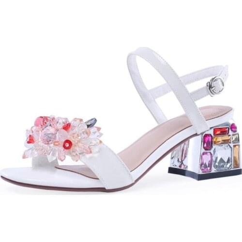 Moraima Snc White patent Leather High Heel Sandal Woman Crystal Embellished Thick Heels Shoes Sexy Rhinestones Dress Shoes