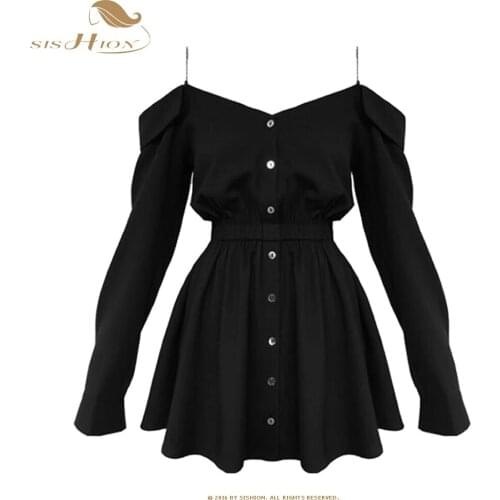 SISHION Harajuku Gothic Shirt Dresses Black Button Front V Collar Off Shoulder Women Sexy Long Sleeve Punk Dress VD2110