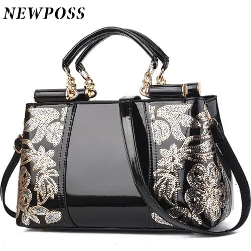 2020 Brand Designer New Women Patent Leather Handbag Sequin Embroidery Shoulder Crossbody Bag Famous Ladies Purse Messenger Tote