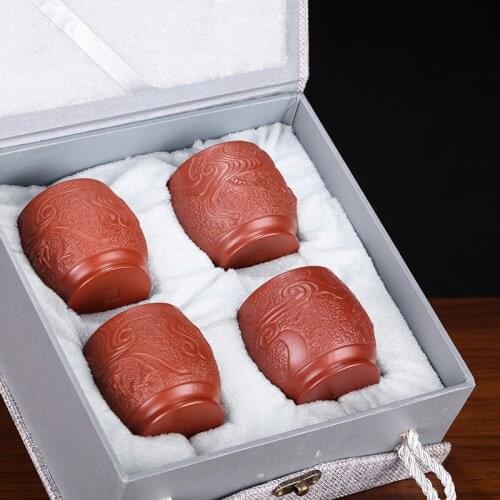 4 pieces Purple sand yixing dragon tea cups handmade zisha cups and mugs with gift box