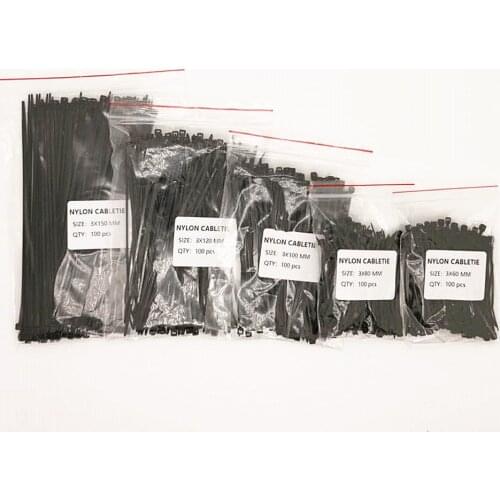 500pcs 3x60 3x80 3x100 3x120 3x150mm Assorted Self-locking Nylon Cable Ties Black Plastic Zip Tie Loop Wire Wrap Zip Ties