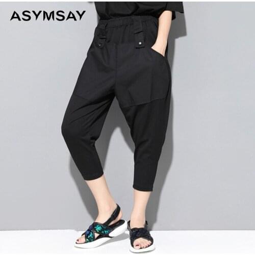 ASYMSAY Women Summer New Button Decorative Casual Pants Loose Calf-length Harem Pants High Elastic Waist Black Trousers AL2047