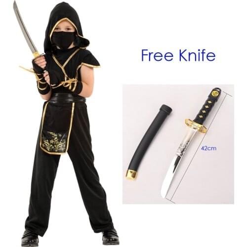 Kids Child Japan Samurai Black Gold Ninja Boy Costume Cosplay for Boys Carnival Purim Halloween Costumes Fancy Dress