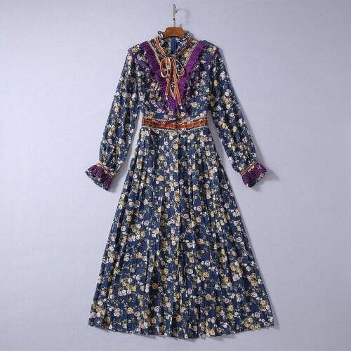 European and American New womens dresses for spring 2021 Long sleeve collar Black fungus edge Fashionable floral print dress