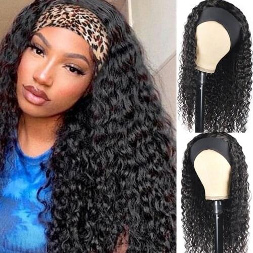 180 250 Density Deep Wave Headband Wig Human Wig With Head Band Peruvian Full Machine Made Wig With Headband No Glue Scarf Wig