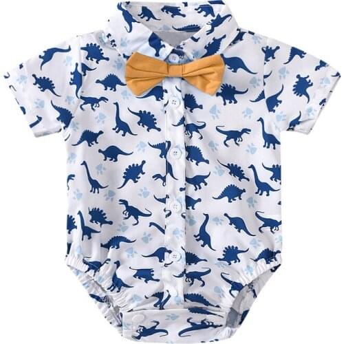 Dinosaur Pattern Jumpsuit for Baby Newborn Boy White Rompers with Bow Short Sleeve Top 3 6 9 12 18 24 Months Kids Outwear