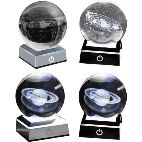 80mm K9 Crystal Solar System Planet Globe 3D Engraved Sun System Ball with Touch Switch LED Light Base Astronomy Gifts