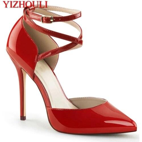 Fashion shopping work with 12 cm crossover buckle sexy heels, party stage shoes, catwalk heels