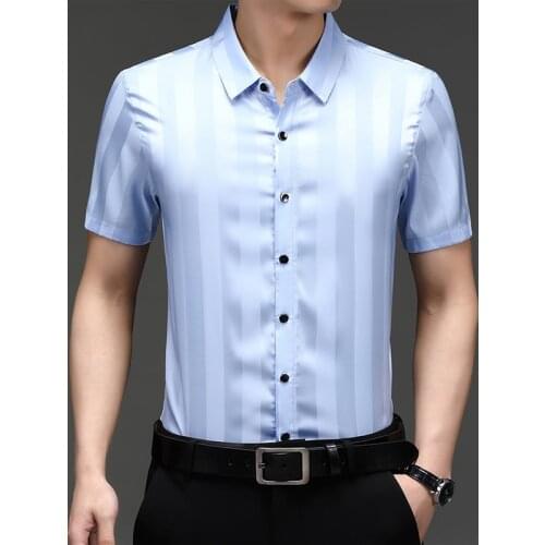Mens Silk Clothes Summer Fashion Wide Stripes Soft Poplin Shirts Male Casual Streetwear Short Sleeve Silk Dress Shirts
