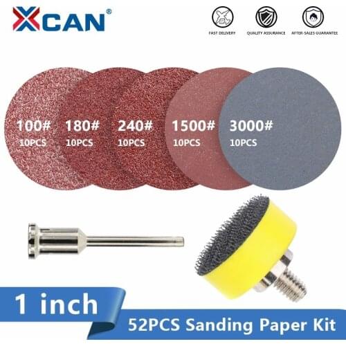XCAN 50pcs Sandpaper 1 inch(25.4mm) Sanding Discs 100-3000 Grit with 1 inch M6 Loop Backer Plate and 1/8'' Shank Sanding Paper