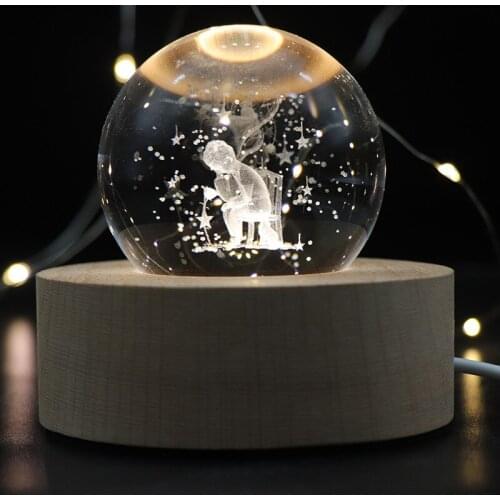 7CM Crystal Ball Night Light Beech Wooden 3D Engraved Little Prince Table Lamp For Home Bedroom Decor Creative Gift for Children