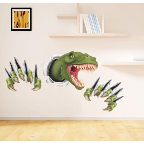 New 3D Stereo Dinosaur Break Through Wall Art Mural Poster Through-Wall Dinosaur Wall Stickers Kids Boys Room Wall Decor Paper