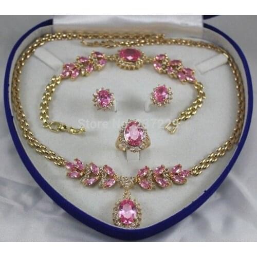 Wholesale price ^^womens jewelry Pink Crystal Gem yellow gold Earring Bracelet Necklace Ring