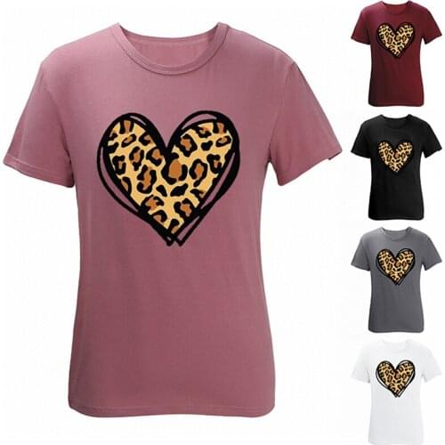 Hot Kf-Womens Fashion Casual Leopard Print Valentines Day Love Letter Print Short Sleeve T-Shirt Top