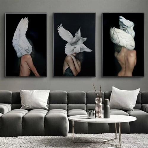 Nordic naked wing headdress girl canvas painting art posters and prints wall print canvas modern living room mural home decor