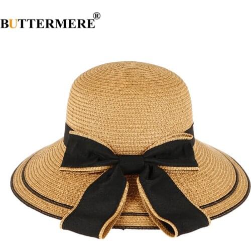 BUTTERMERE Straw Hat Womens Summer Hats Bowsnot Khaki Ladies Wide Brim Floppy Beach Uv Protection Womens Sun Hat