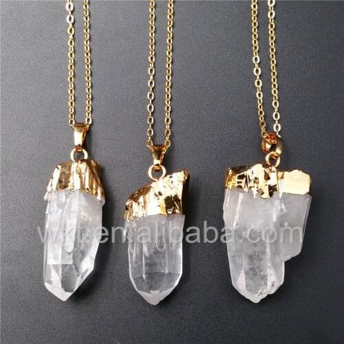 WT-N828 Wholesale Natural raw crystal stone nuggest necklace, 24k gold trim cap raw clear crystal trim point necklace
