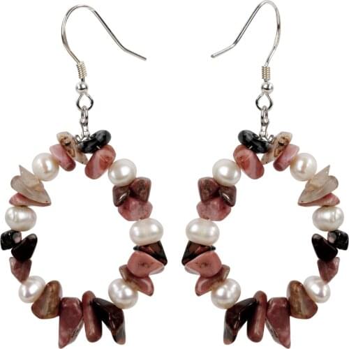 Yacq Natural Rhodonite Pearl 925 Sterling Silver Drop Dangle Earrings Handmade Custom Jewelry Gifts for Women Her Mom Girls Wife