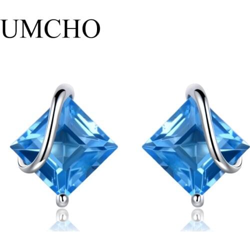 UMCHO 2.5ct Natural Swiss Blue Topaz Gemstone Earrings 925 Sterling Silver Stud Earrings For Women Wedding Gift Fashion 2018