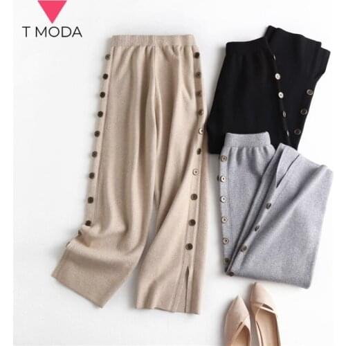 T MODA 2021 Winter Women Double Side Button Knit Pants Elastic Wasit Streetwear Loose Casual Trousers Jogger Cargo Sweater Pant