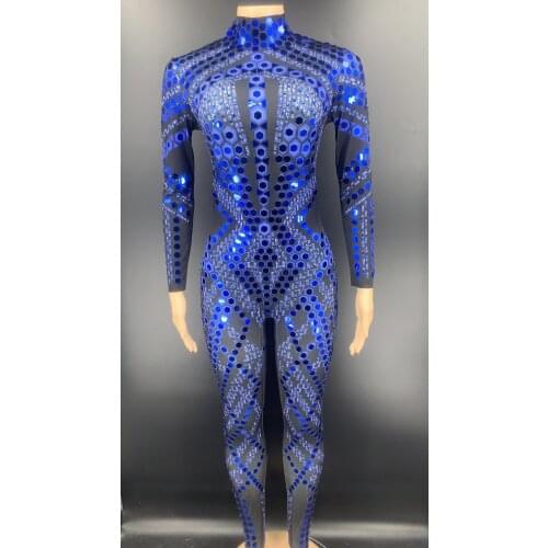 Flashing Blue Sequined Long Sleeve Jumpsuit Women Birthday Celebrate Party Outfit Bar Nightclub Dance Costume Show Stage Wear