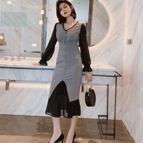 2021 Korean Elegant Womens Retro V-Neck Slim Check Suit Fishtail Two Piece Dress Ladies Long Sleeve Plaid Dresses