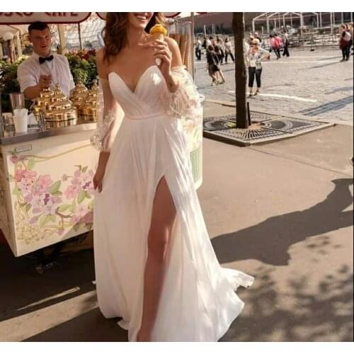 Vintage A-Line Long Chiffon V-Neck Wedding Dresses with Slit Custom Ivory Floor Length Open Back Bridal Gowns for Women