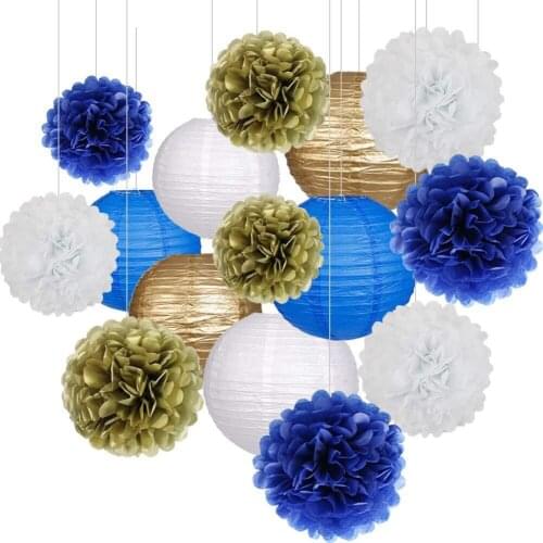 15pc/set blue gold white Mixed Paper Pom Poms Honeycomb Ball Hanging Lantern Wedding Birthday Decor DIY Baby Show Party Supplies