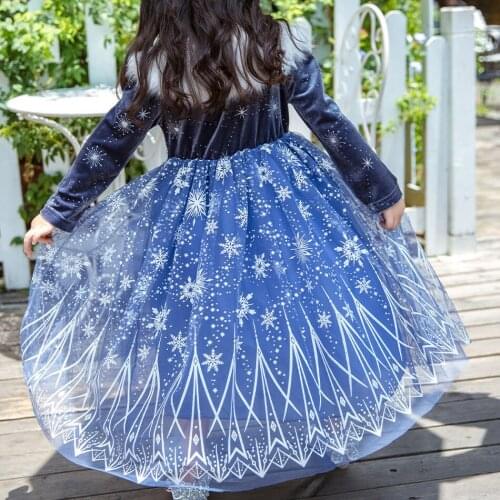 2020 Winter Girl Dress Fur Collar Elegant Blue Elsa Dress Children Snow Queen Snowflake Halloween Princess Costume Kids Clothes