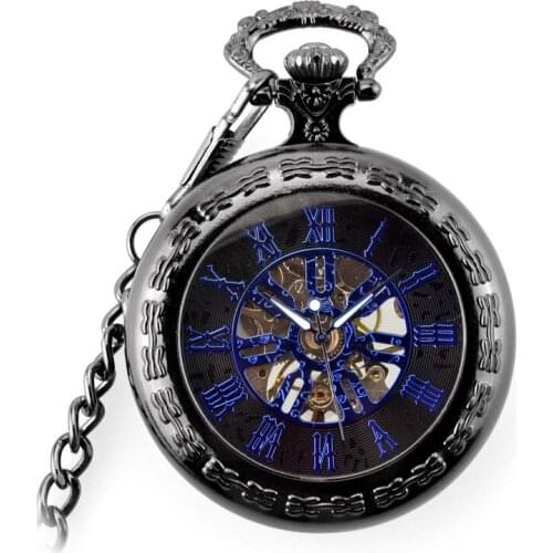 5pcs/lot Vintage Fashion Black Mechanical Pocket Watch Casual For Unisex Fob Watch Necklace Pendent For Gift
