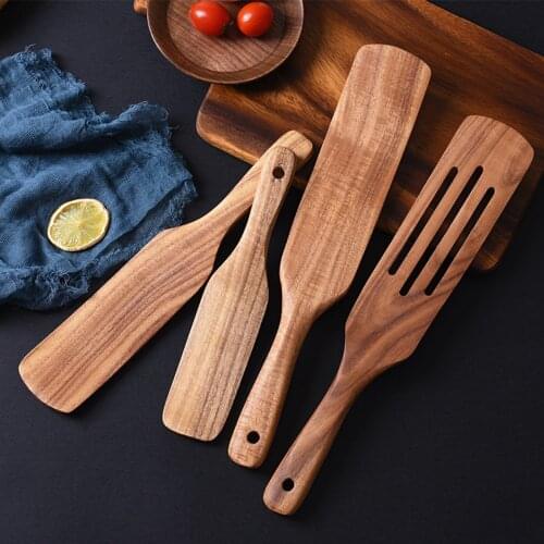 5x Natural Teak Wood Slotted Spurtle Spatula Sets Utensils Cooking Tools