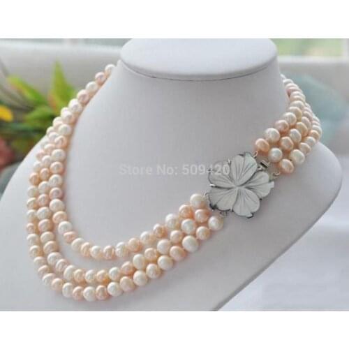 Free Shipping Real Natural South Sea 3row 8-9mm White&Pink Pearl Necklace 17-19"