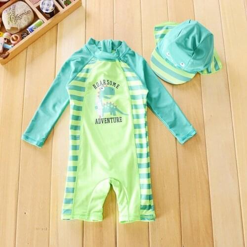 Children Swimsuit Baby Boys Handsome Dinosaur Beach Sunscreen Clothing Suit Kids Swimwear Baby Boy Swimwear And Cap In One Set