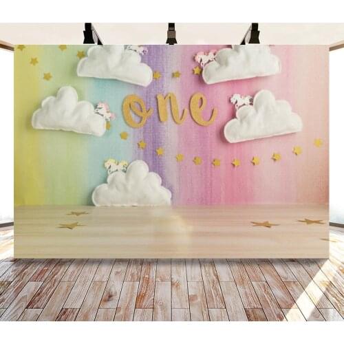 One Year Old Rainbow Wall Wood Floor Photography Backdrops Big Cloud Cute Baby Shower Kids Birthday Backgrounds For Photo Studio