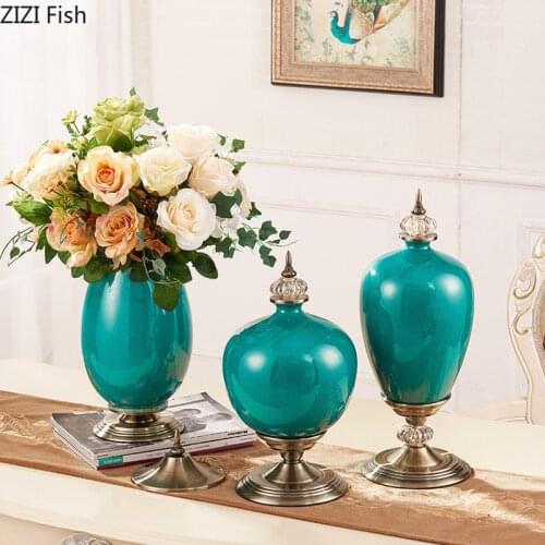 European Ice Crack Ceramic Vase Ornament Yellow Floral Flower Vase with Lid Metal Base Living Room Table Furnishings Home Decor
