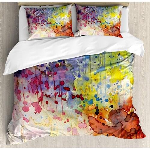 Abstract Duvet Cover Set Queen Size Grunge Style Dirty Look with Colorful Watercolor Spots Liquid Splashes Artistic Decorative